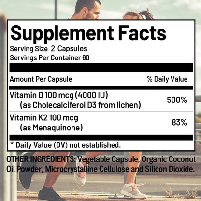 Vitamin D3 4000IU K2 100mcg Capsules Organic Coconut Oil Natural Ingredient,for Bone, Muscle Health, Promotes Immune Supplements
