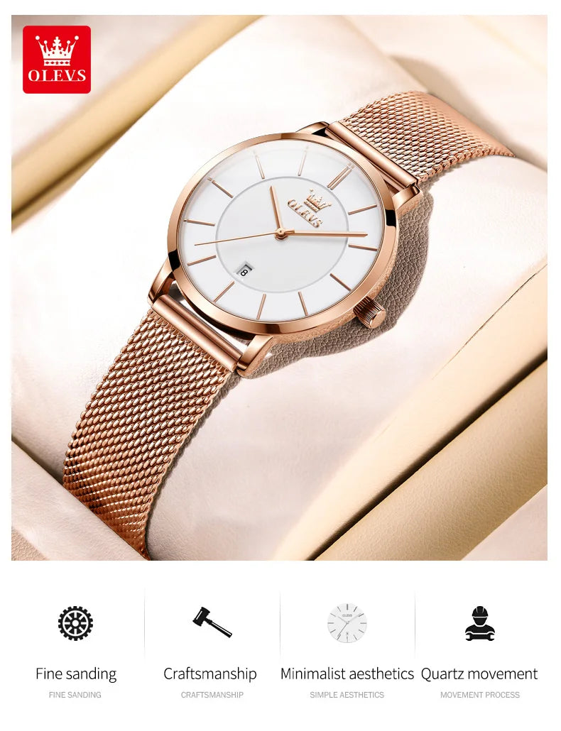 OLEVS Watch For Women Japan Quartz Movement 6.5mm Case Thickness Waterproof Ladies Hand Clock Calendar Fashion Dress Wrist Watch