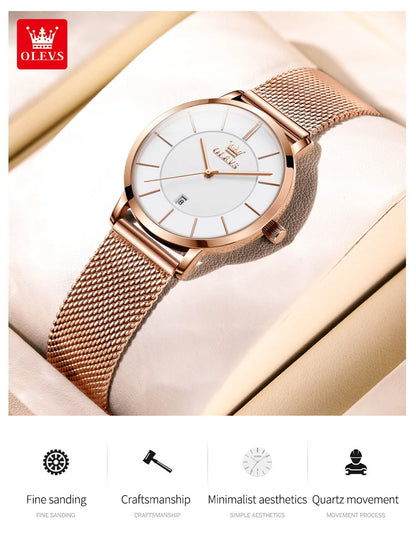 OLEVS Watch For Women Japan Quartz Movement 6.5mm Case Thickness Waterproof Ladies Hand Clock Calendar Fashion Dress Wrist Watch