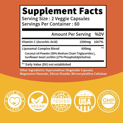 Liposomal Vitamin C Capsules - Promotes Collagen Production, Supports Skin, Immune Health, Powerful Antioxidant