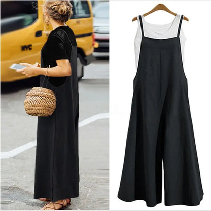 Women's Summer Sleeveless Jumpsuit Solid Color Wide Leg Bib Overalls Casual Loose Cotton Linen Straps Dungaree Badiee Stylez