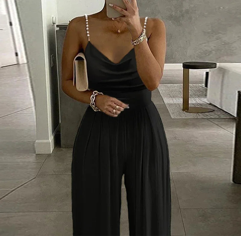 Sleeveless Jump Suits for Women Streetwear 2023 Autumn Pearl Suspender Wide Leg V-neck Backless Long Pants Jumpsuits of Female Badiee Stylez