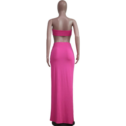 New Chic Gold Ring Bandeau Slit Skirt Two-Piece Set Womens Beautiful Off Shoulder Matching Skirt Set Nightclub Outfits Badiee Stylez