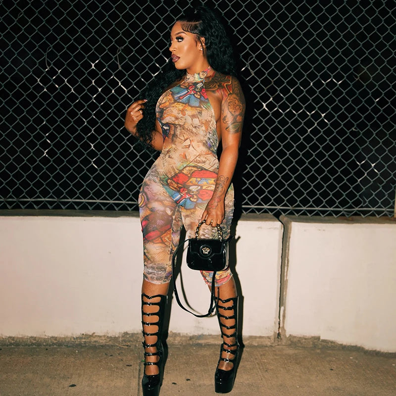 CUTENOVA Women'S Full-Body Printed Hanging Neck Big Backless Skinny Five-Point Jumpsuit Sexy Fashion Street Trend Jumpsuit