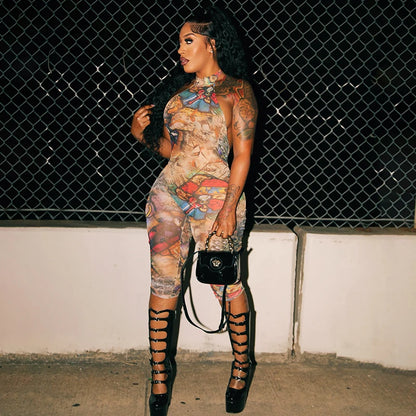 CUTENOVA Women'S Full-Body Printed Hanging Neck Big Backless Skinny Five-Point Jumpsuit Sexy Fashion Street Trend Jumpsuit