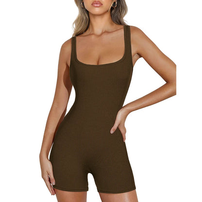 Women's Solid Color Camisole Square Neck Stretchy One-Piece Jumpsuit Sports Tank Top with Tight Pants And Belly Control