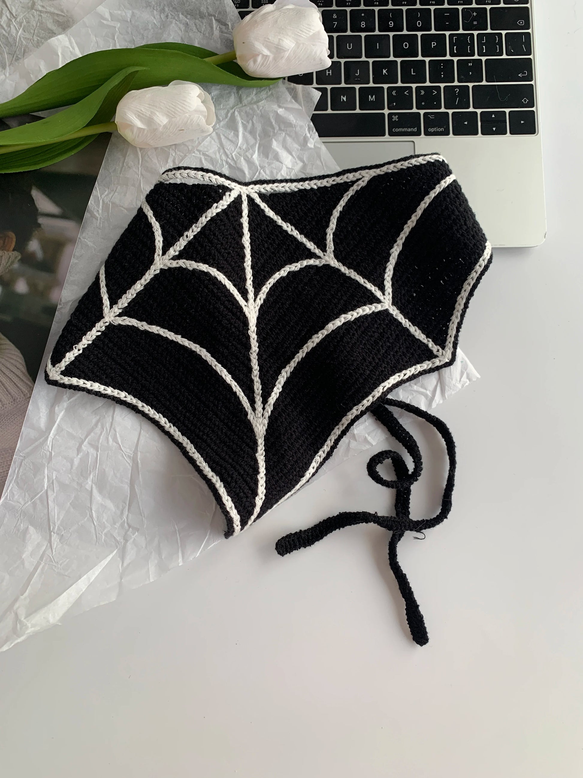 Halloween Costume Skeleton Ghost Bat Spider Web Personalized Knitted Crochet Headband Female Photo Photo Triangle Scarf Trendy Badiee Stylez