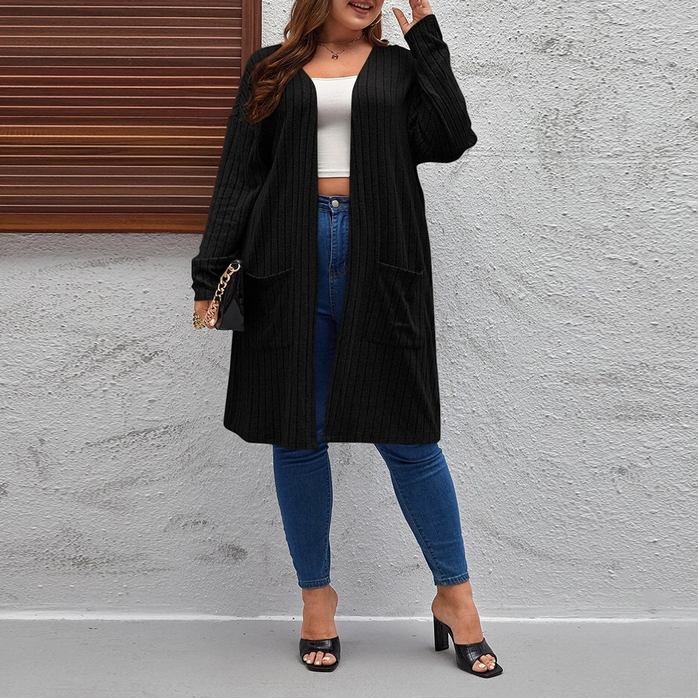 Plus Size Women's Solid Ribbed Long Sleeve Pockets Cardigan Tops Spring Autumn Ladies Casual Coatigan Outwear Size 1XL-5XL