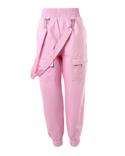 Women's Cargo Pants Casual Trousers 2024 Spring Autumn Solid Color Trend Street Pocket Design Cuff Suspenders Streetwear Women