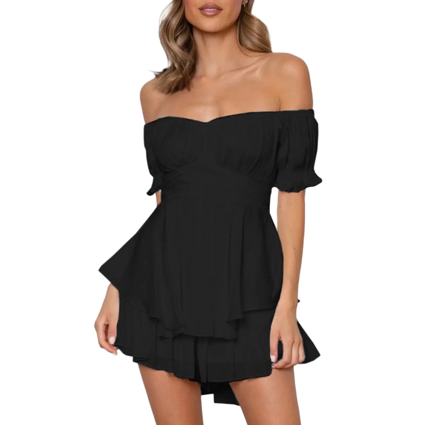 Women s Boho Off Shoulder Romper Double Layer Ruffle Hem Lantern Long Sleeve Waist Tie Back Chiffon Short Jumpsuits C-Black