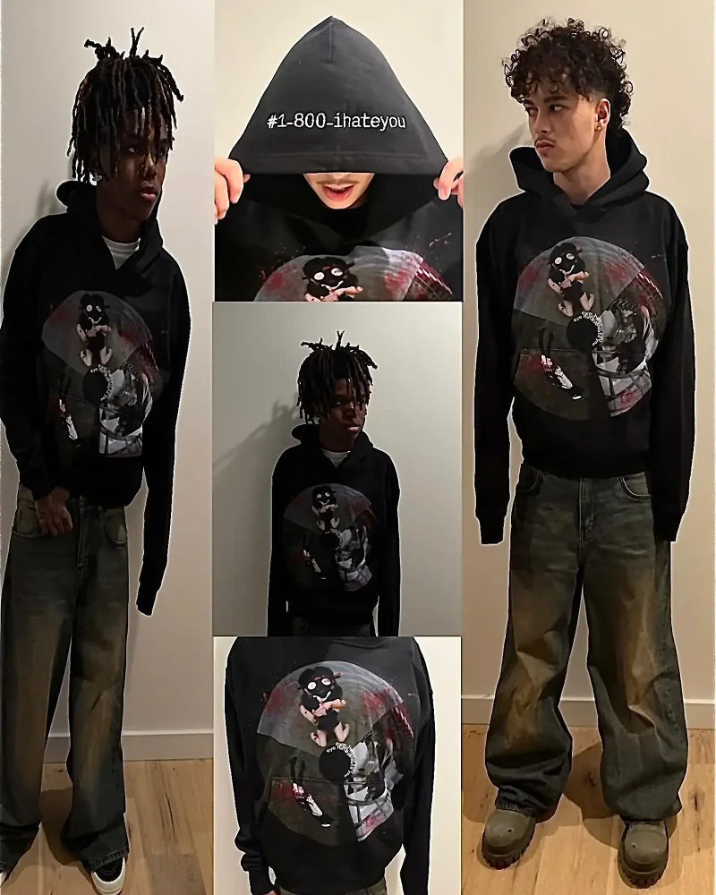 Y2k Streetwear Gothic Cartoon Letter Oversized Hoodie Men's Fashion Harajuku Loose and Versatile Long Sleeve Hoodie