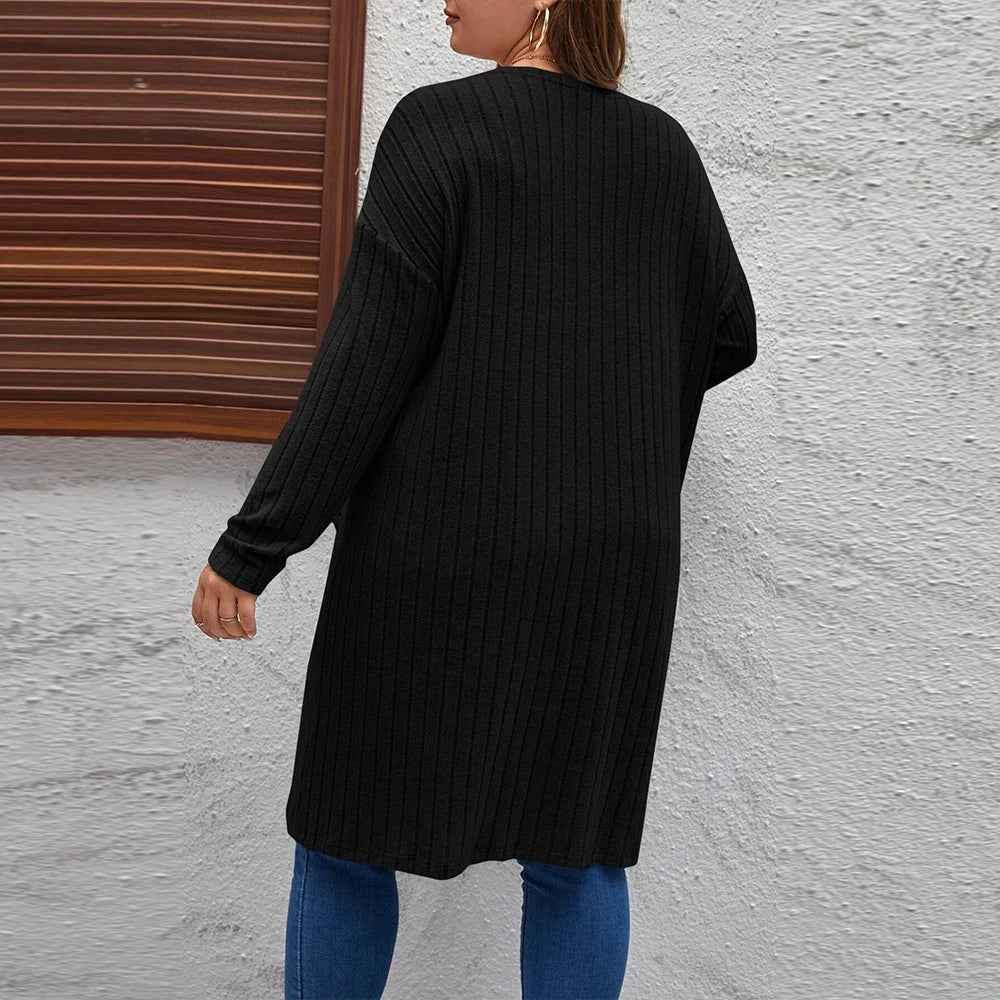 Plus Size Women's Solid Ribbed Long Sleeve Pockets Cardigan Tops Spring Autumn Ladies Casual Coatigan Outwear Size 1XL-5XL