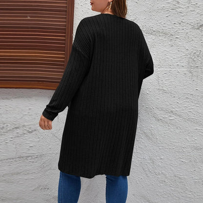Plus Size Women's Solid Ribbed Long Sleeve Pockets Cardigan Tops Spring Autumn Ladies Casual Coatigan Outwear Size 1XL-5XL