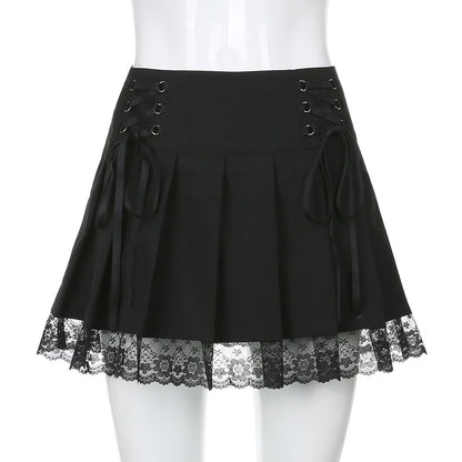 Girl Retro Pleated Skirt Lace Up High Waist Plaid Mesh Stitching Hem Y2K Aesthetic Gothic Black Mini Skirts Bodycon