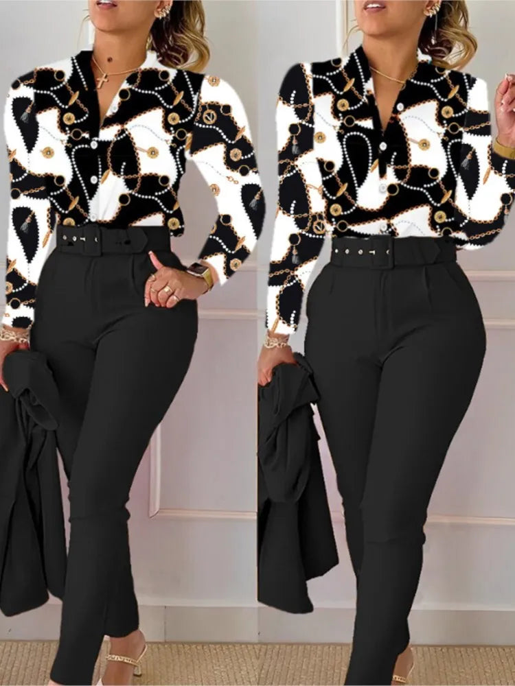 Women's Shirt 2 Pieces Suit Set 2024 Fall Print V Neck Long Sleeve Top Casual High Waist Pockets Work Female Clothes Pants Set black