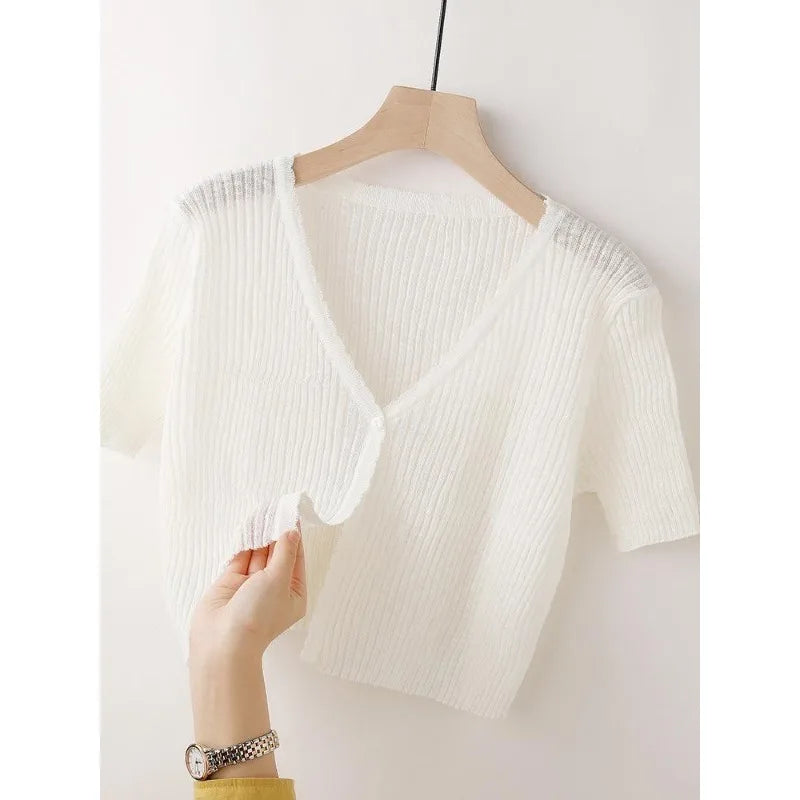 Ice Silk Knitted Cardigan Women's Summer Thin Short-sleeved Outer Wear Sun Protection Short Versatile Simple Commuter Top