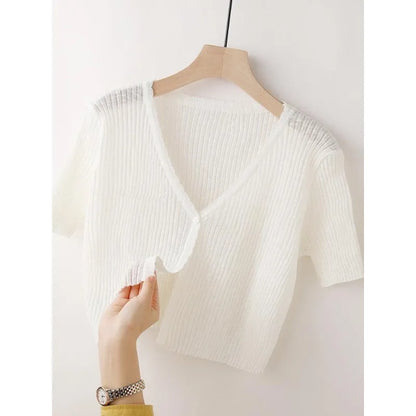 Ice Silk Knitted Cardigan Women's Summer Thin Short-sleeved Outer Wear Sun Protection Short Versatile Simple Commuter Top