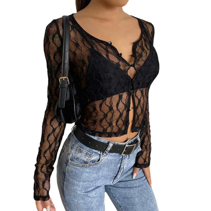 Women Sexy See Through Cardigans Y2K Long Sleeve Lace Mesh Lace Vintage Lace Tie Up Floral Crop Tops Streetwear Cardigans B-Black