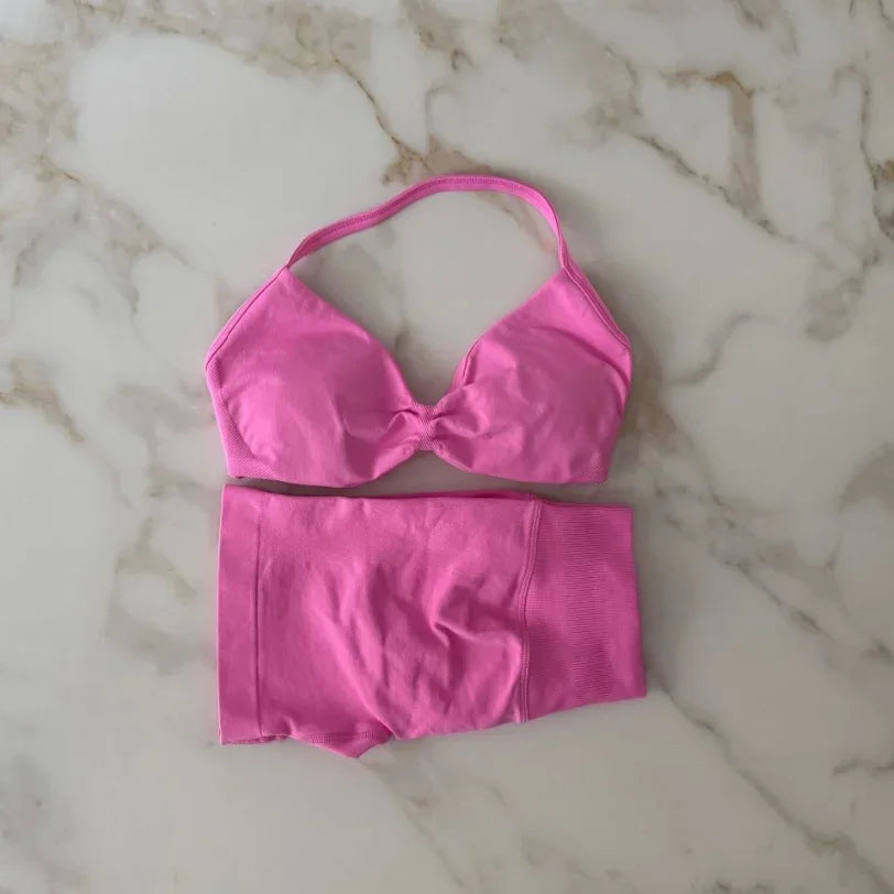 Impact Gym Set Women Two Piece Strappy Yoga Bra Top Workout Scrunch Shorts Suit Fitness Clothes Seamless Sportswear Workout Set Blossom