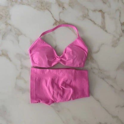 Impact Gym Set Women Two Piece Strappy Yoga Bra Top Workout Scrunch Shorts Suit Fitness Clothes Seamless Sportswear Workout Set Blossom