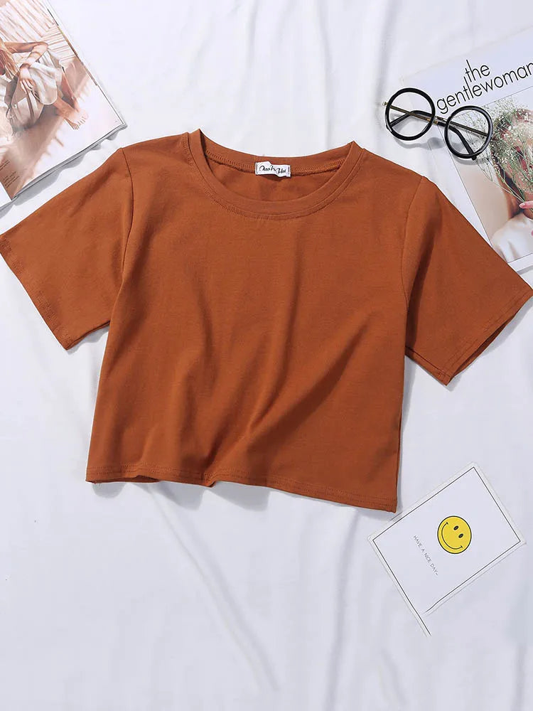 Summer Short Sleeve T Shirts Women Cotton Solid T-shirt O Neck High Waist Crop Top Tee Female Casual Loose T Shirt Badiee Stylez
