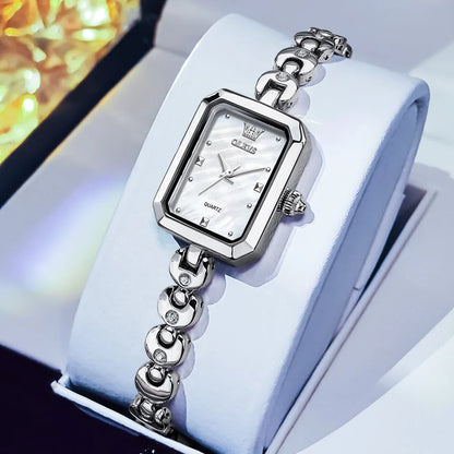 OLEVS 3665 Woman Watches Original Elegant Fashion Square Quartz Watch Chain Bracelet Ladies Watch Bracelet Gifts New Reloj Mujer Silver White CHINA Yes