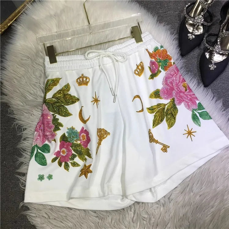 Oversized rhinestone diamond high-waisted black adjustable waist wide leg slacks Women's shorts WHITE