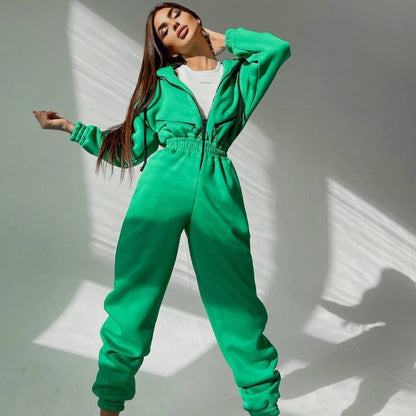 Autumn Women's Monochrome Long-Sleeved Jumpsuit Solid Color Zip-up Sportswear Female Winter Casual Tracksuit Fashionable Hoodies Badiee Stylez
