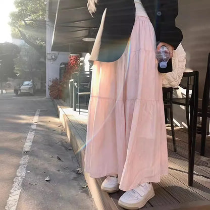 Pink midi skirt for women in spring and autumn summer 2025new high waist slimming A-line long skirt, small and fluffy cake skirt