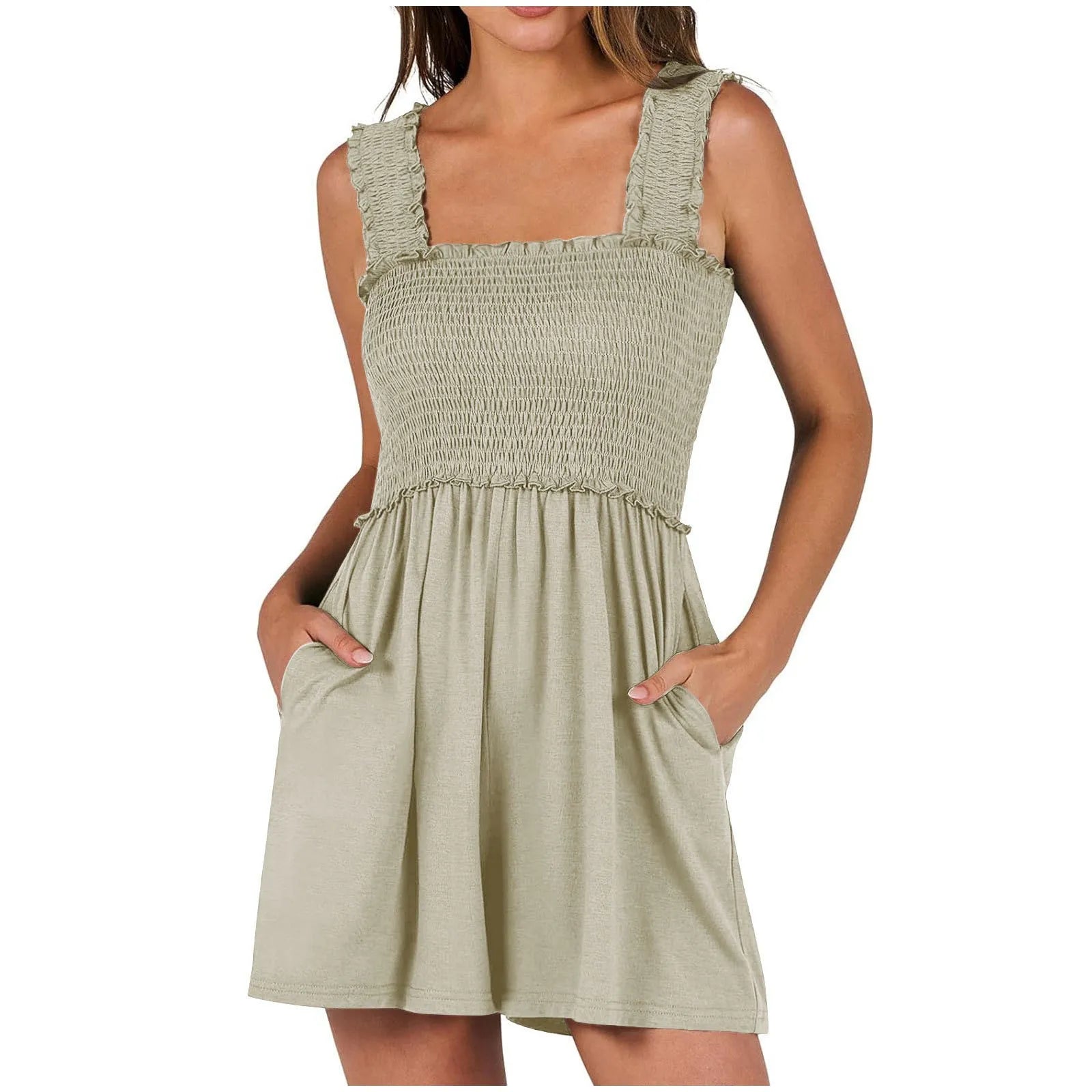 Summer Square Neck Sleeveless Shorts Rompers Casual Beach Elastic Tank Tops Jumpsuit Clothes For Women With Pockets Shorts