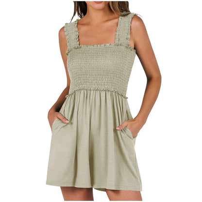 Summer Square Neck Sleeveless Shorts Rompers Casual Beach Elastic Tank Tops Jumpsuit Clothes For Women With Pockets Shorts