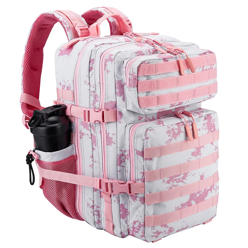 LHI 45L Tactical Backpack for Men and Women Large Athlete Gym Bag Outdoor Sports Hiking Survival Rucksack with Bottle Holder Pink tie-dye