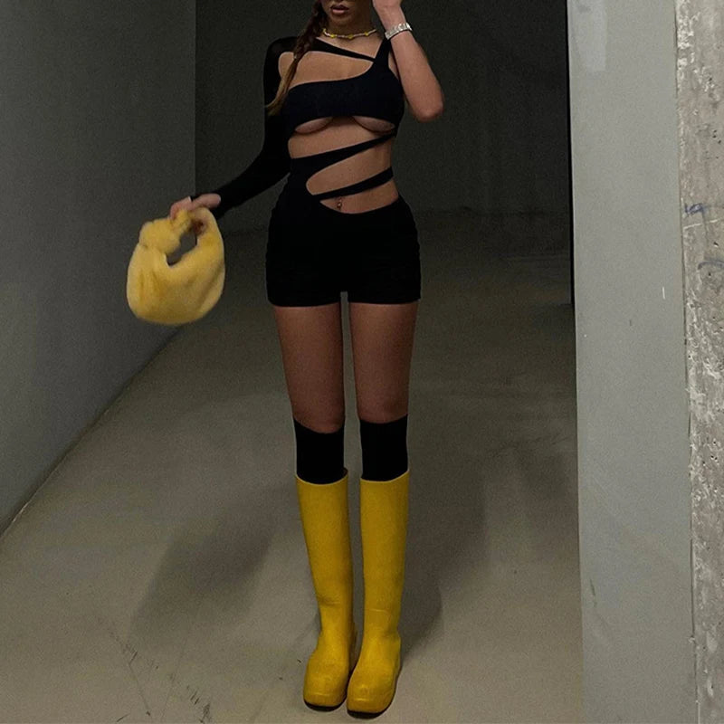 Women's Sexy Rompers Trendy Bodycon Irregular Hollow Out Holes Singel Sleeve Off Shoulder Y2k Playsuits Female Casual Streetwear