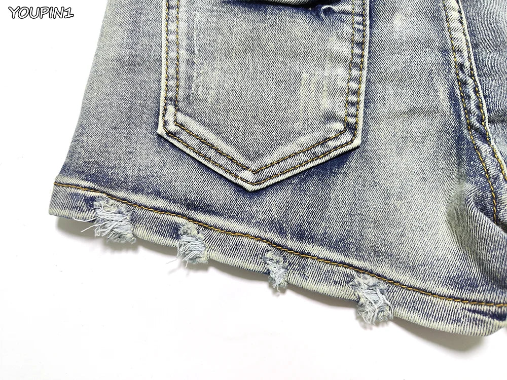 Sexy Low Rise Denim Super Shorts Women's Summer Elastic Slim Skinny Rivet Vintage Blue Short Jeans Y2k Versatile Pants