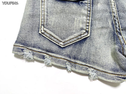 Sexy Low Rise Denim Super Shorts Women's Summer Elastic Slim Skinny Rivet Vintage Blue Short Jeans Y2k Versatile Pants