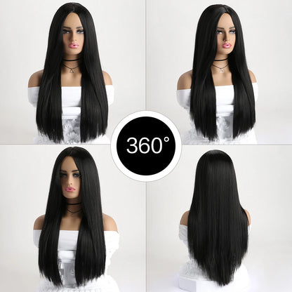 26 Inch Long Straight Wig Mid Bangs Women Black Ombre Heat Resistant Wigs For Daily Use Cosplay Halloween Costume Party KW-005A 26inches 1pc