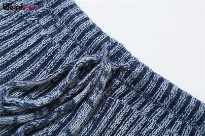 Weird Puss Patchwork Striped Women Casual 2 Piece Set Crochet Halter Low-Neck Vest+Pocket Pants Stretch Skinny Matching Suit Badiee Stylez