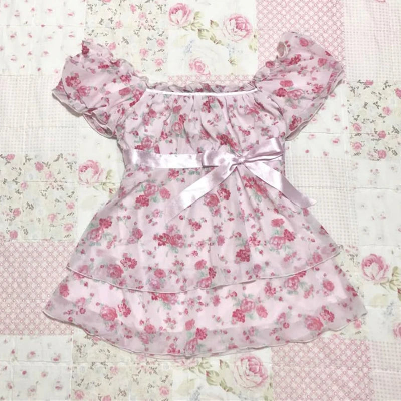 Polka dot Vintage Pink Hot Cute Dress Aesthetic Slim Y2K Short Sleeve Sundress Women Sweet Clothing Fashion Harajuku Lace Frock Pink 11