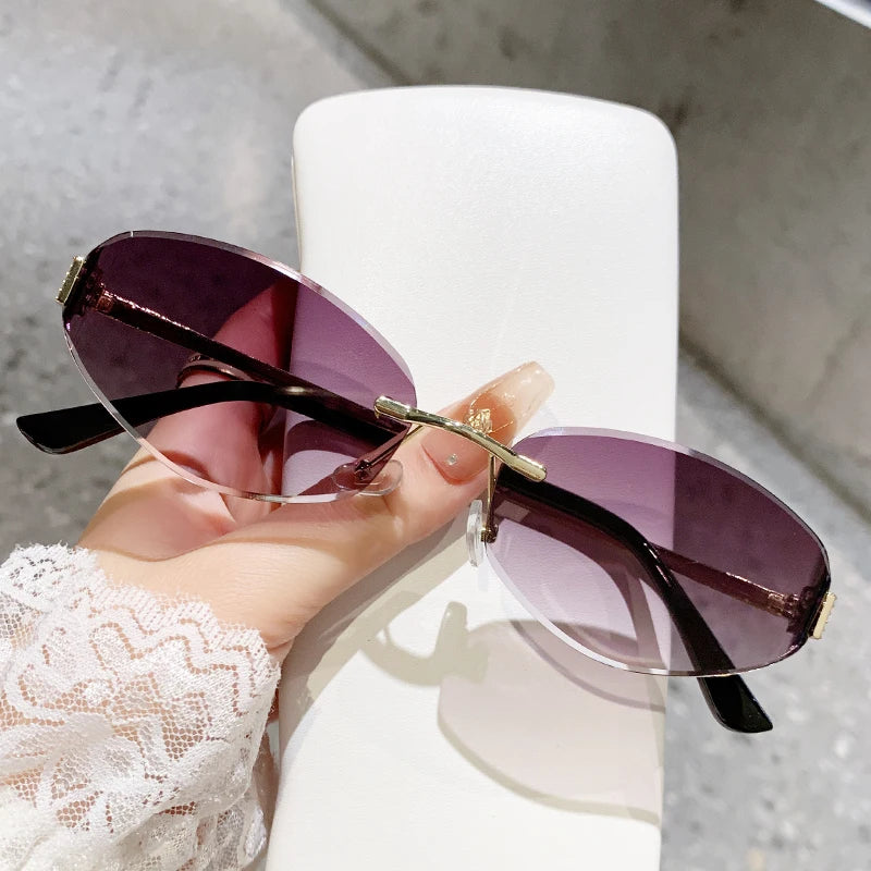 Retro Frameless Oval Concave Design Y2k Personalized Sunglasses Trendy Uv Resistant Street Photography Sunglasses 90275 Grey