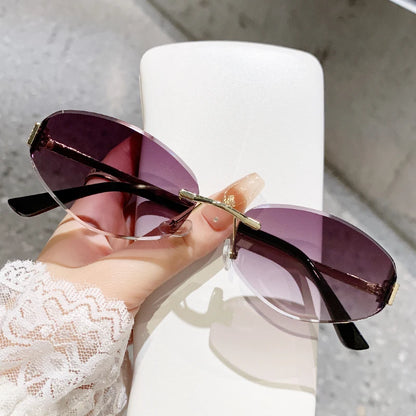 Retro Frameless Oval Concave Design Y2k Personalized Sunglasses Trendy Uv Resistant Street Photography Sunglasses 90275 Grey