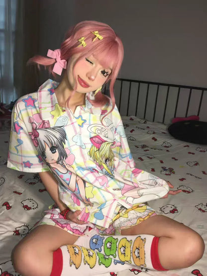 Pajamas Clothes Set Two Piece Set Women's Clothing Homewear Spring Summer Japanese Cartoon Comfort Casual Fashion Breathable Fit Badiee Stylez