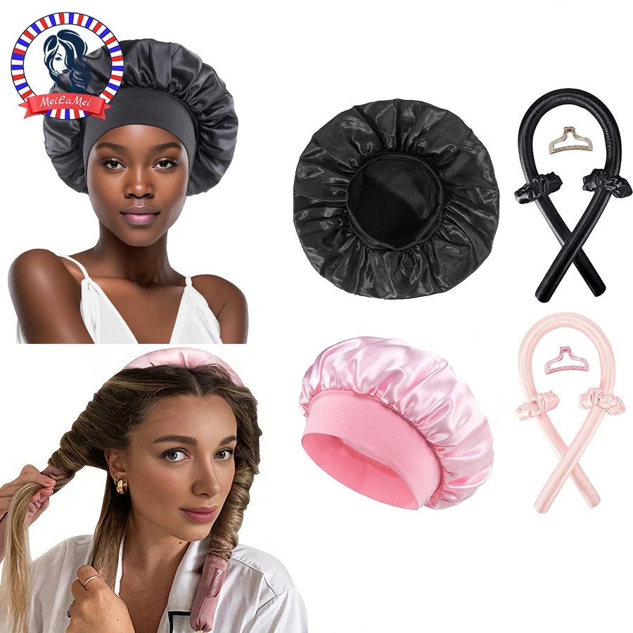 No Heat Hair Curler And Satin Sleeping Cap Set Heatless Hair Curling Headband Hair Claw Clip Hair Rings Soft Sleeping Hat Salon Badiee Stylez
