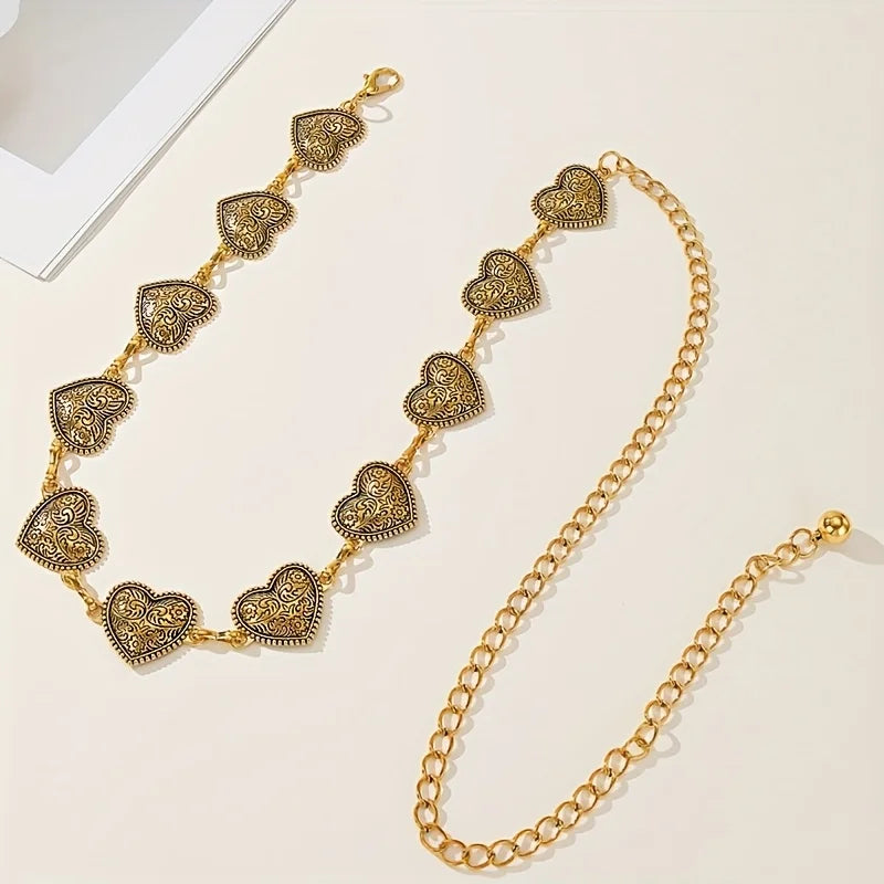 Retro Y2K adjustable metal waist chain, valentine carved retro heart belt decoration, Bohemian punk style fashion accessories. Badiee Stylez