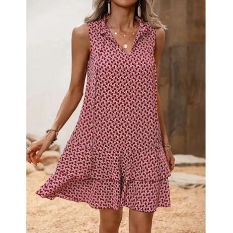 2025 Elegant Women's Casual Loose Ruffle Mini Dress Summer Bohemian Printed V-neck Lace-up Small Flying Sleeve Dresses For Women