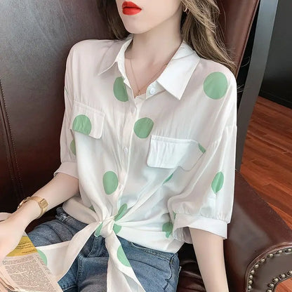 Fashion Lapel Loose Bandage Bow Polka Dot Shirt Women's Clothing 2025 Summer New Oversized Casual Tops Half Sleeve Korean Blouse