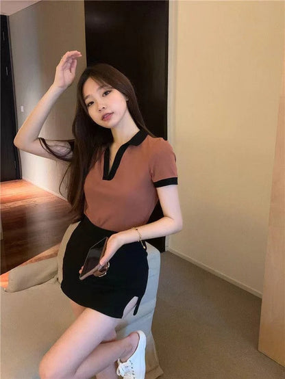 Summer Fashion Y2K T-shirt Woman Patchwork Polo Tee Shirt Femme Sexy OL Clothes Women Short Sleeve V-neck Tshirts Tops