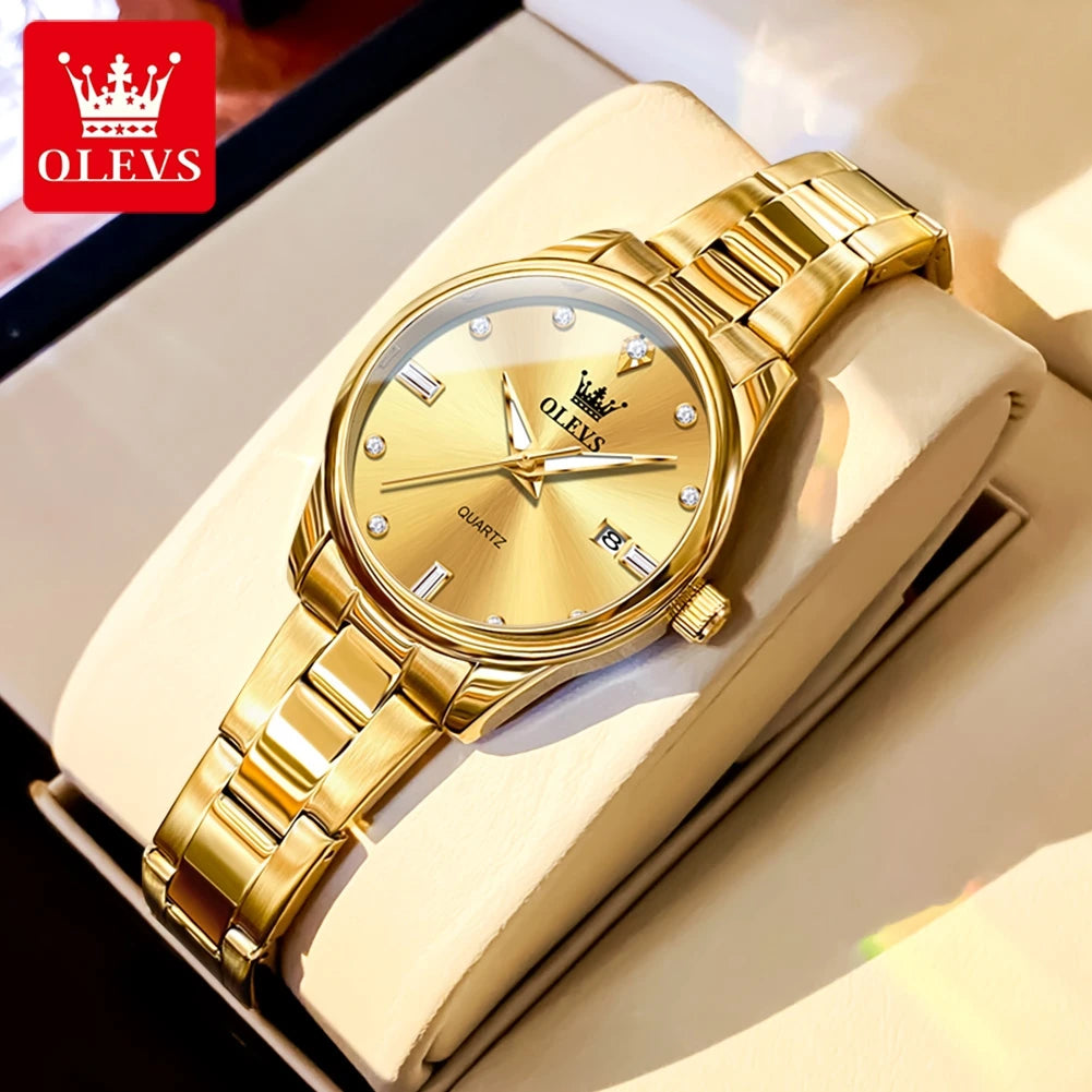 OLEVS Elegant Fashion Brand Women's Watches Gold Waterproof cCalendar Quartz Watch for Lady Stainless Steel Original Wristwatch gold