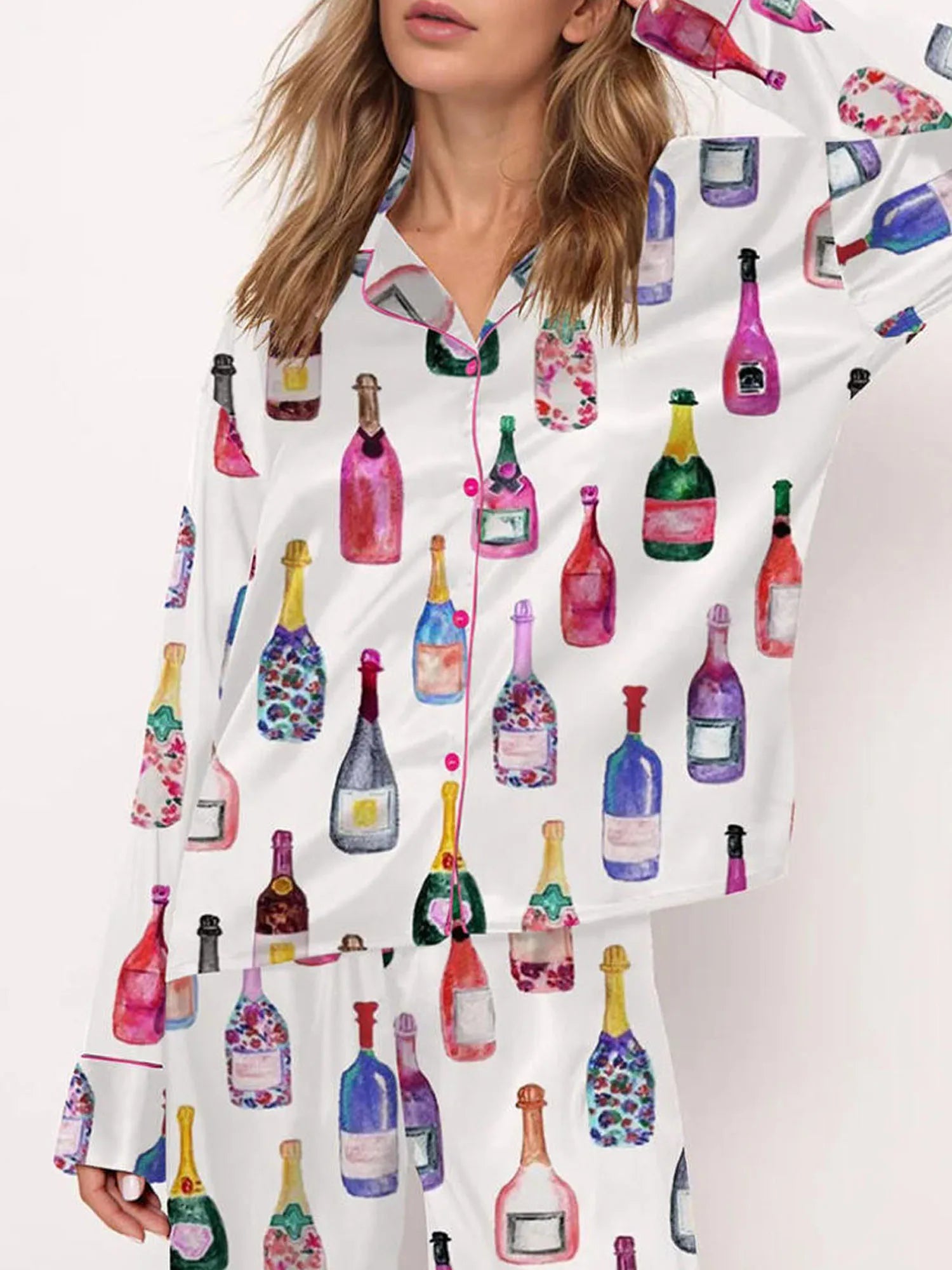 Womens Satin Pajamas Sets 2 Piece Set Champagne Bottle Wine Glasses Long Sleeve Button down Shirt Pants Satin Silk Loungewear