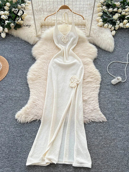 SINGREINY Halter 3D Floral Maxi Sundress Women Sleeveless Bodycon Elastic Beach Dress Vacation Knitted Split Sexy Long Dress apricpt One Size