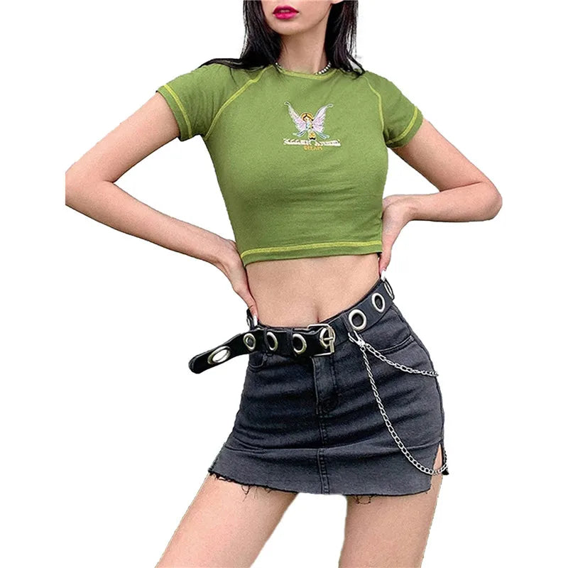 Gothic Graphic Printed T-Shirt For Ladies Harajuku Short Sleeve Crop Top Angels And Demons Print Tee Tops Women